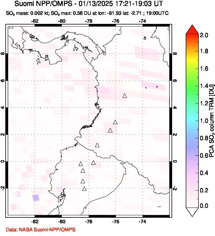 A sulfur dioxide image over Ecuador on Jan 13, 2025.