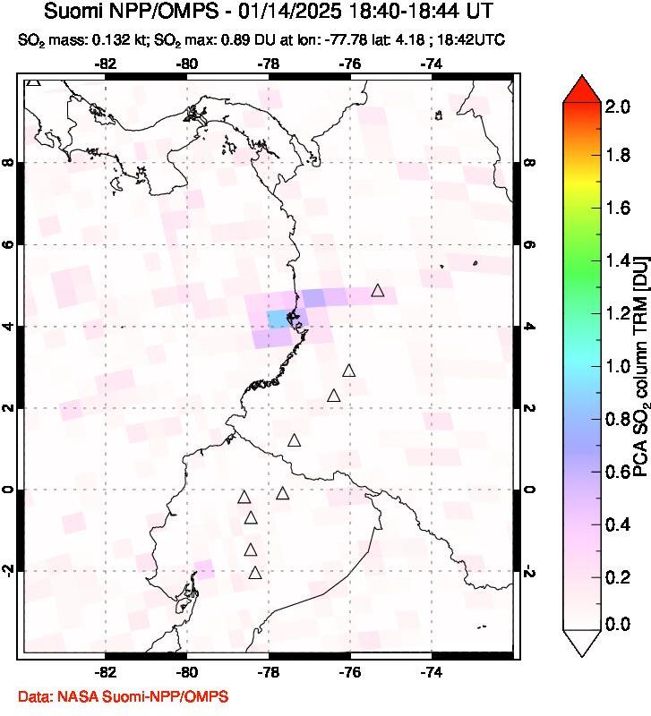 A sulfur dioxide image over Ecuador on Jan 14, 2025.