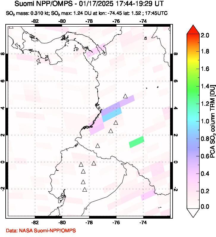 A sulfur dioxide image over Ecuador on Jan 17, 2025.