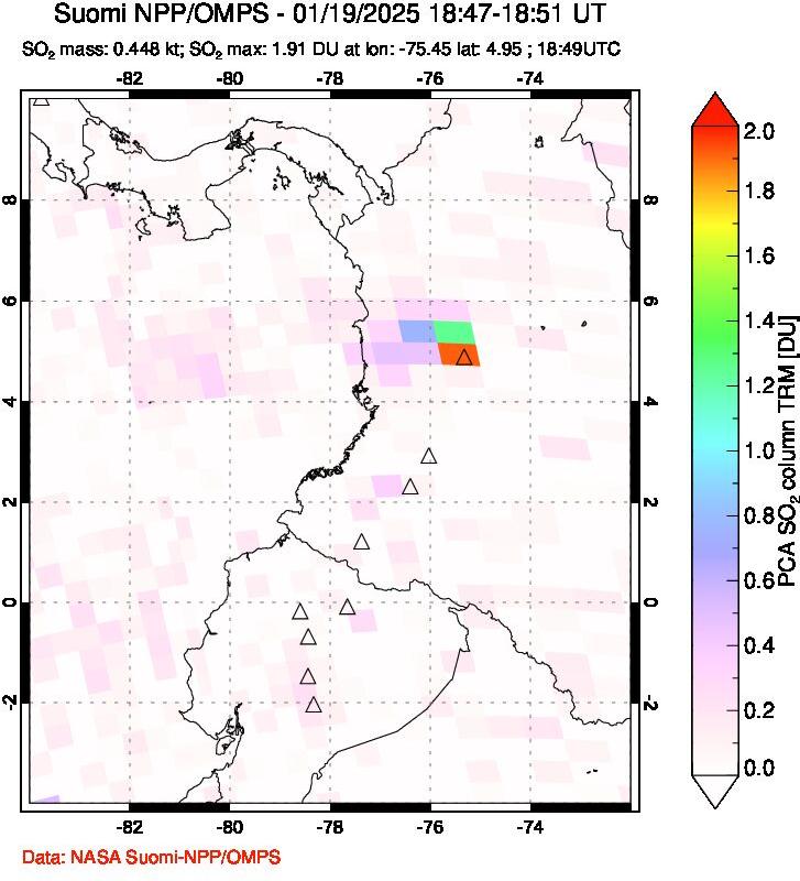 A sulfur dioxide image over Ecuador on Jan 19, 2025.