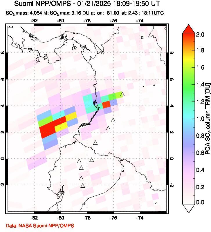 A sulfur dioxide image over Ecuador on Jan 21, 2025.