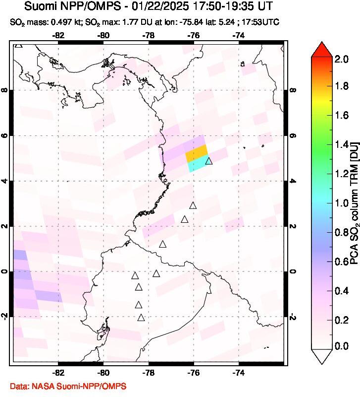 A sulfur dioxide image over Ecuador on Jan 22, 2025.