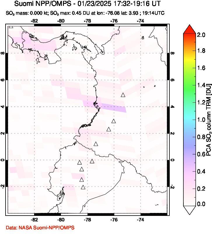 A sulfur dioxide image over Ecuador on Jan 23, 2025.