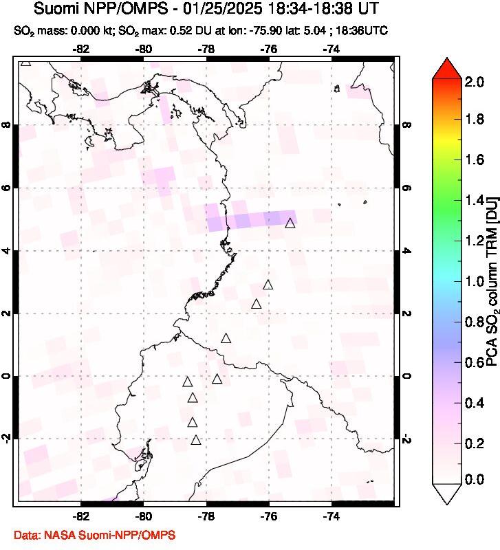 A sulfur dioxide image over Ecuador on Jan 25, 2025.