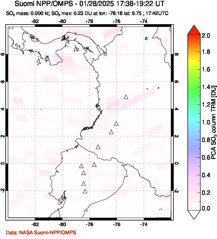 A sulfur dioxide image over Ecuador on Jan 28, 2025.