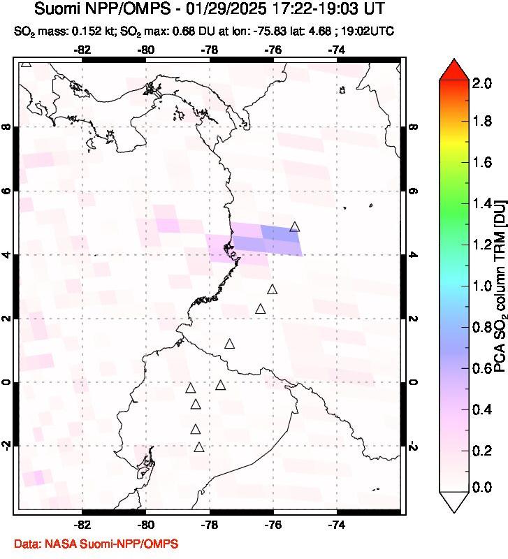 A sulfur dioxide image over Ecuador on Jan 29, 2025.