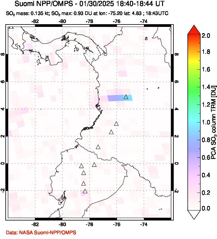 A sulfur dioxide image over Ecuador on Jan 30, 2025.