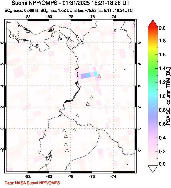 A sulfur dioxide image over Ecuador on Jan 31, 2025.