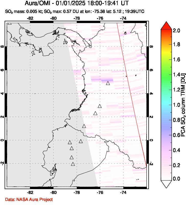 A sulfur dioxide image over Ecuador on Jan 01, 2025.