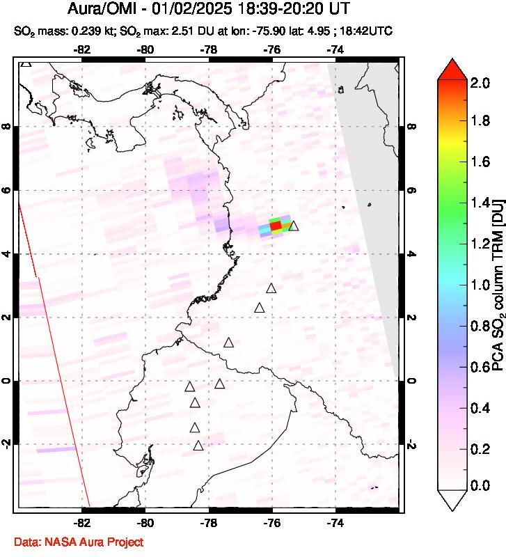 A sulfur dioxide image over Ecuador on Jan 02, 2025.