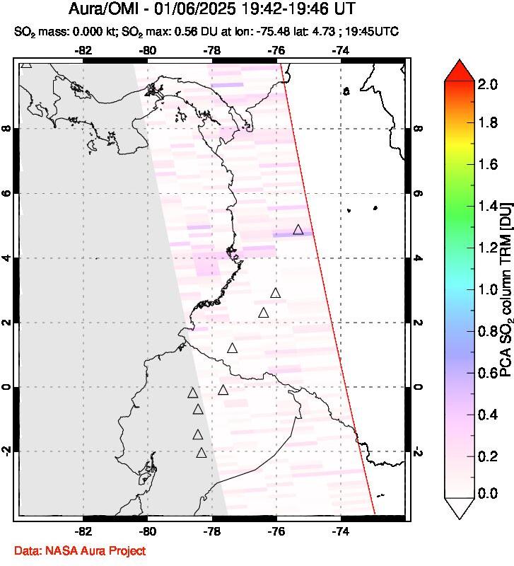 A sulfur dioxide image over Ecuador on Jan 06, 2025.