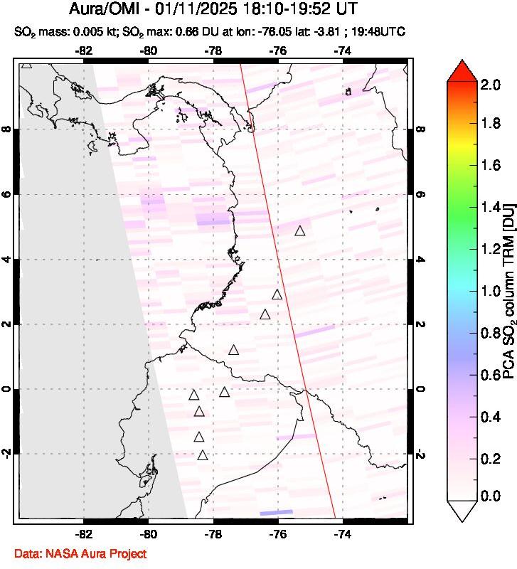 A sulfur dioxide image over Ecuador on Jan 11, 2025.