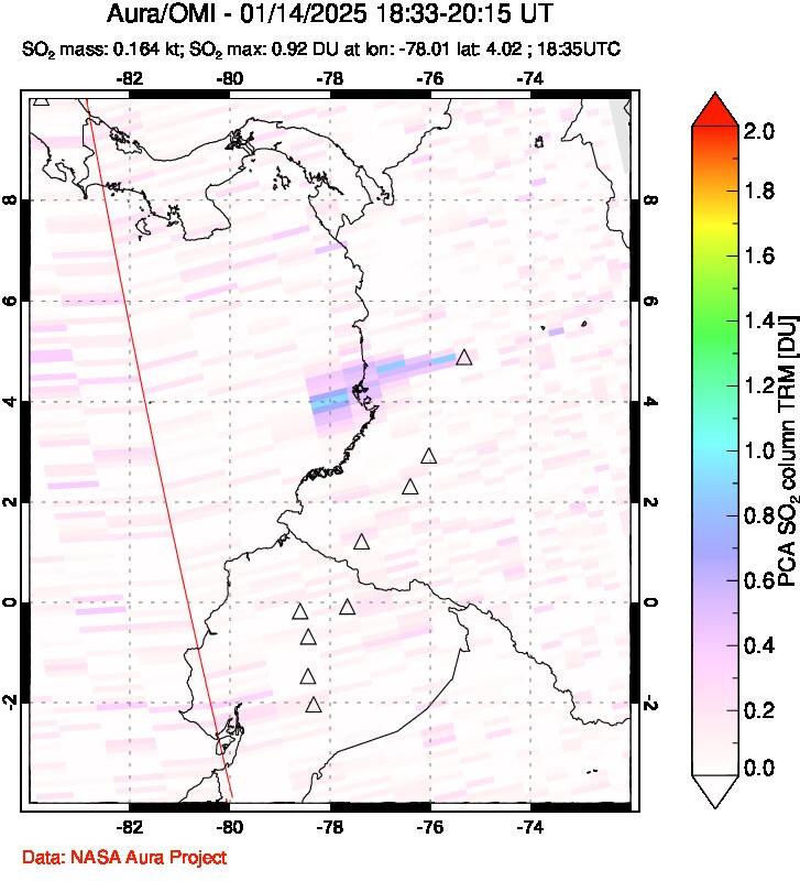 A sulfur dioxide image over Ecuador on Jan 14, 2025.