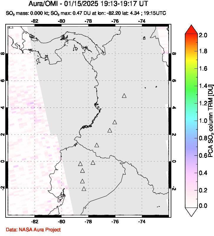 A sulfur dioxide image over Ecuador on Jan 15, 2025.