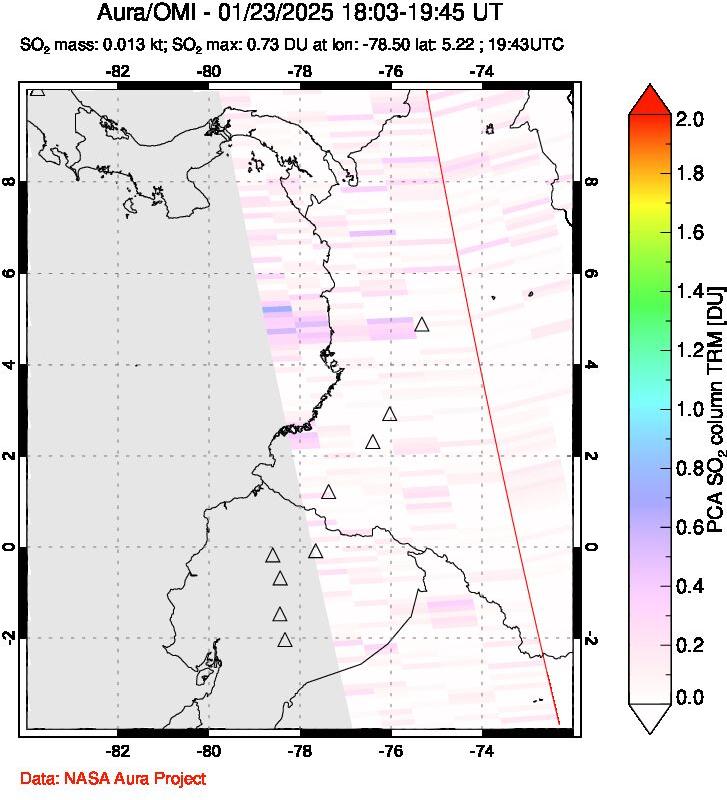 A sulfur dioxide image over Ecuador on Jan 23, 2025.