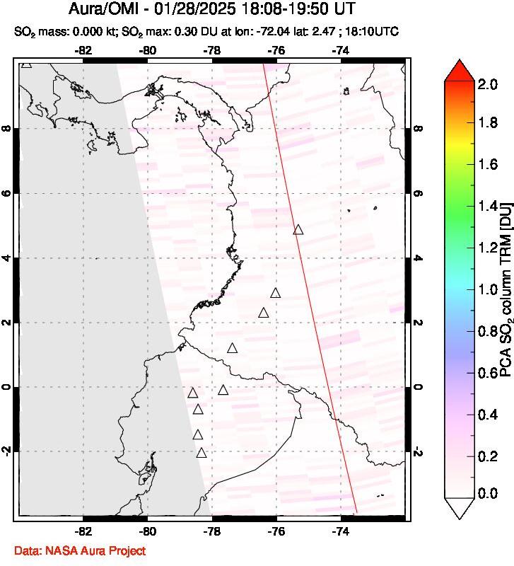 A sulfur dioxide image over Ecuador on Jan 28, 2025.