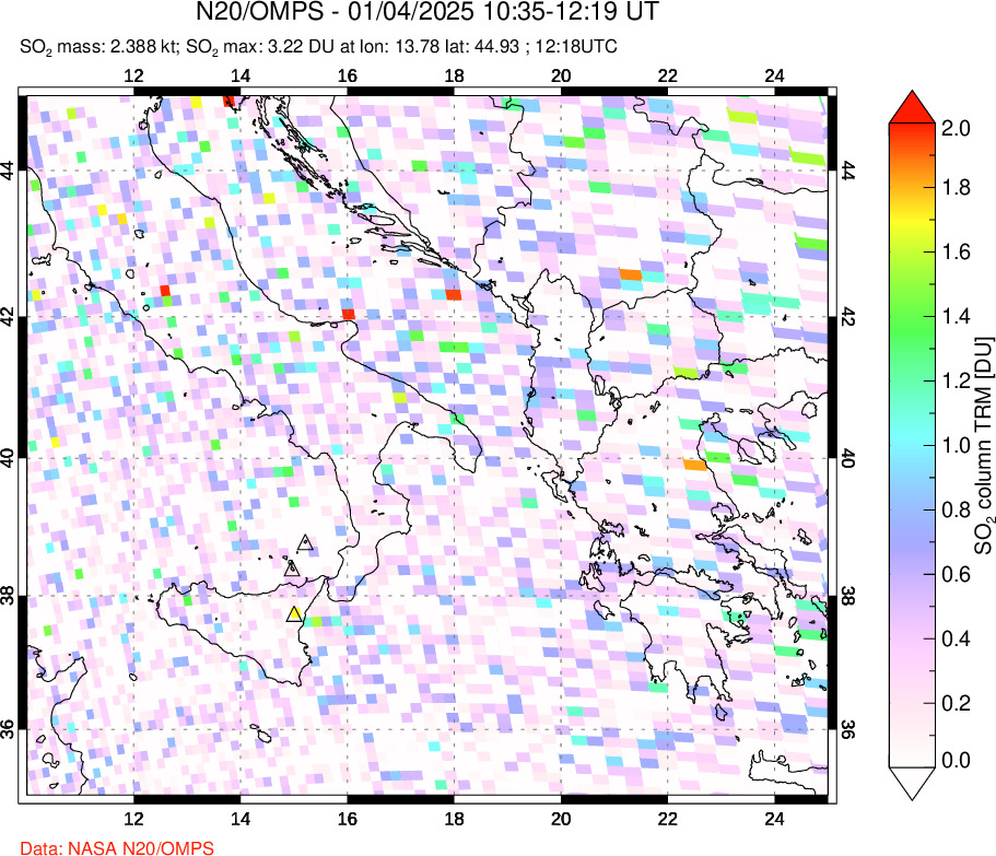 A sulfur dioxide image over Etna, Sicily, Italy on Jan 04, 2025.