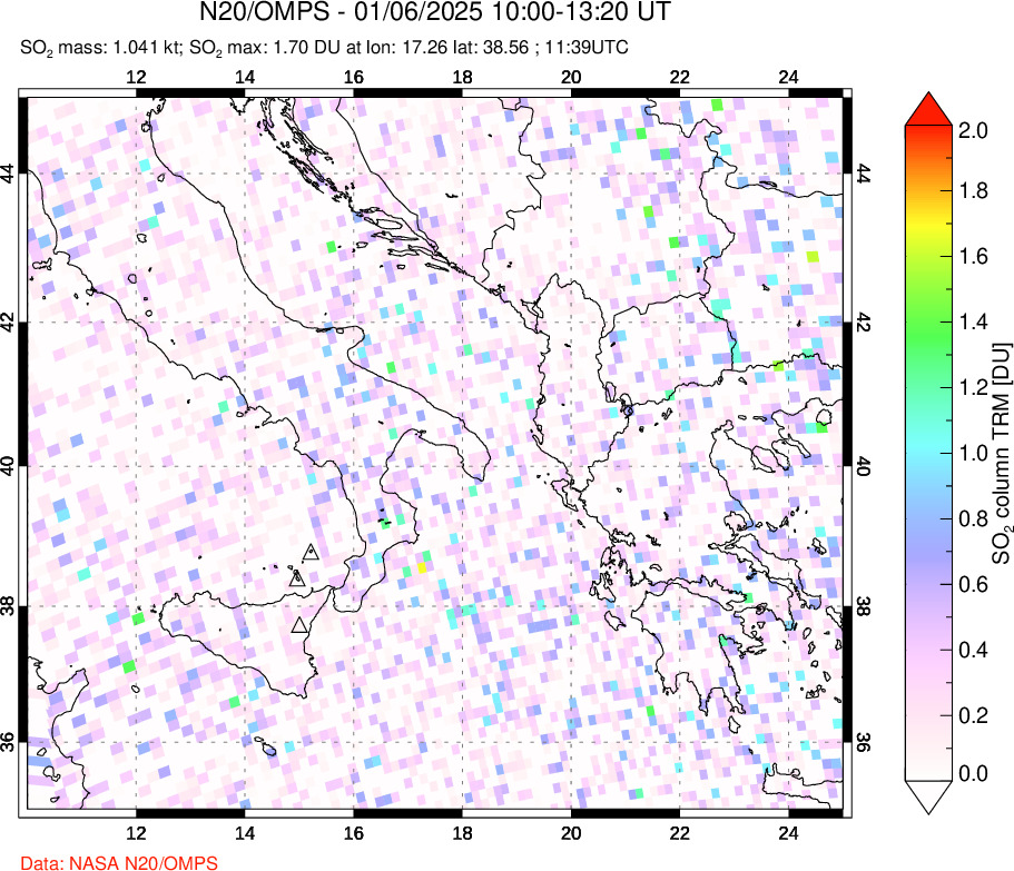 A sulfur dioxide image over Etna, Sicily, Italy on Jan 06, 2025.