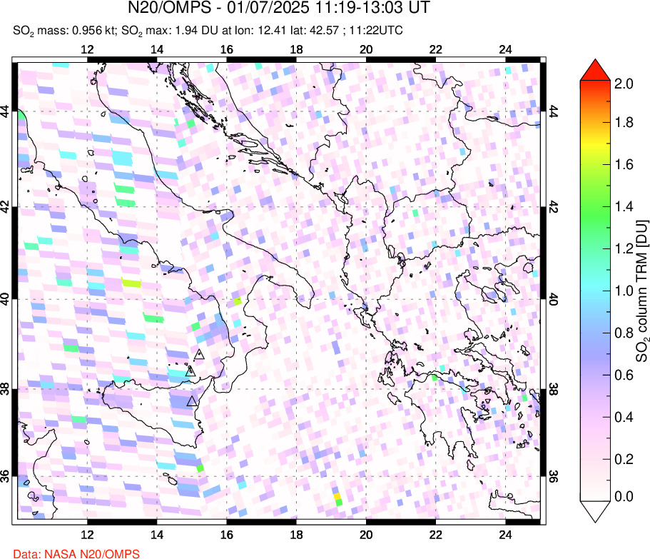 A sulfur dioxide image over Etna, Sicily, Italy on Jan 07, 2025.