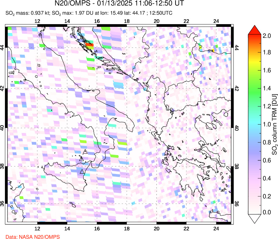 A sulfur dioxide image over Etna, Sicily, Italy on Jan 13, 2025.