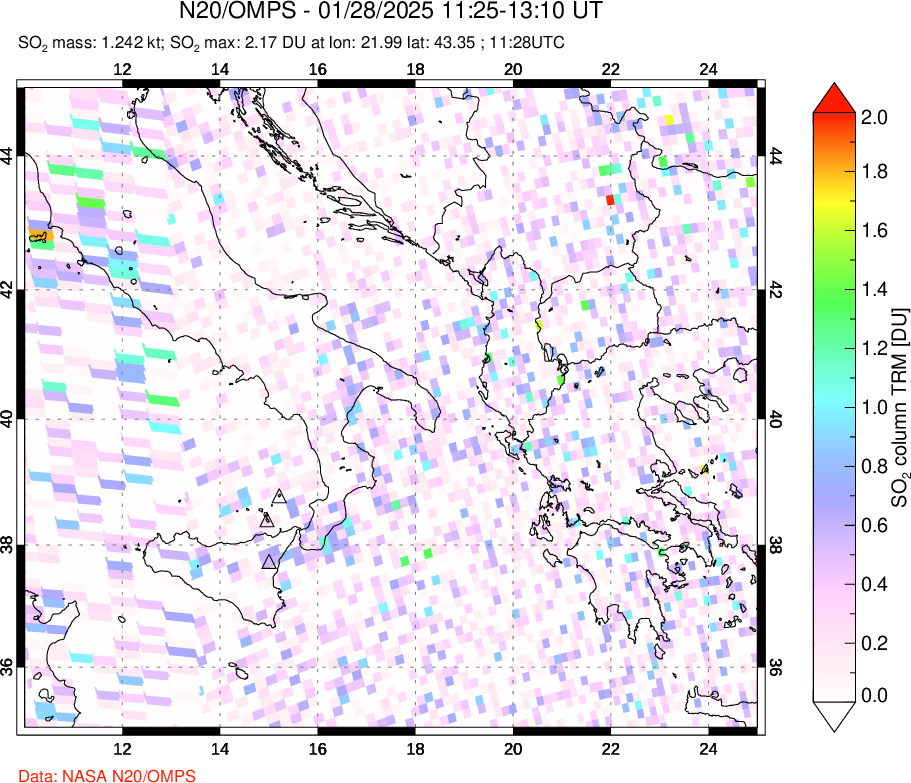 A sulfur dioxide image over Etna, Sicily, Italy on Jan 28, 2025.