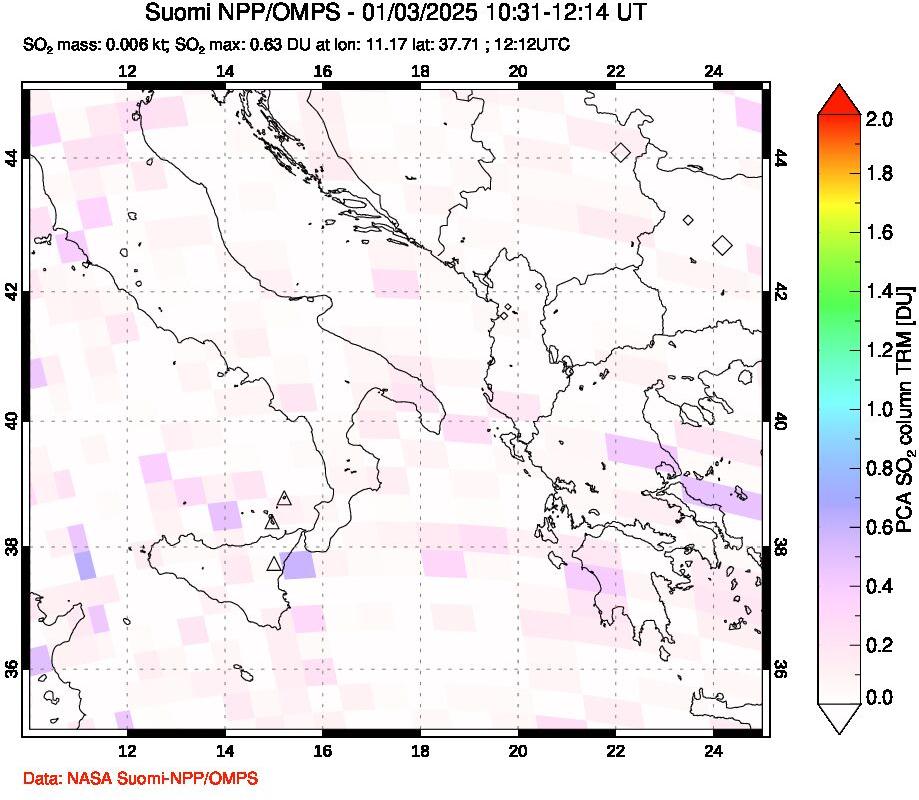 A sulfur dioxide image over Etna, Sicily, Italy on Jan 03, 2025.