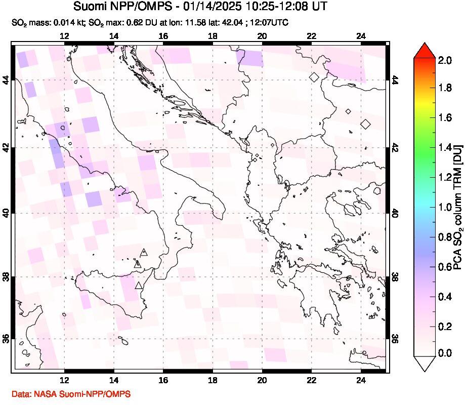 A sulfur dioxide image over Etna, Sicily, Italy on Jan 14, 2025.