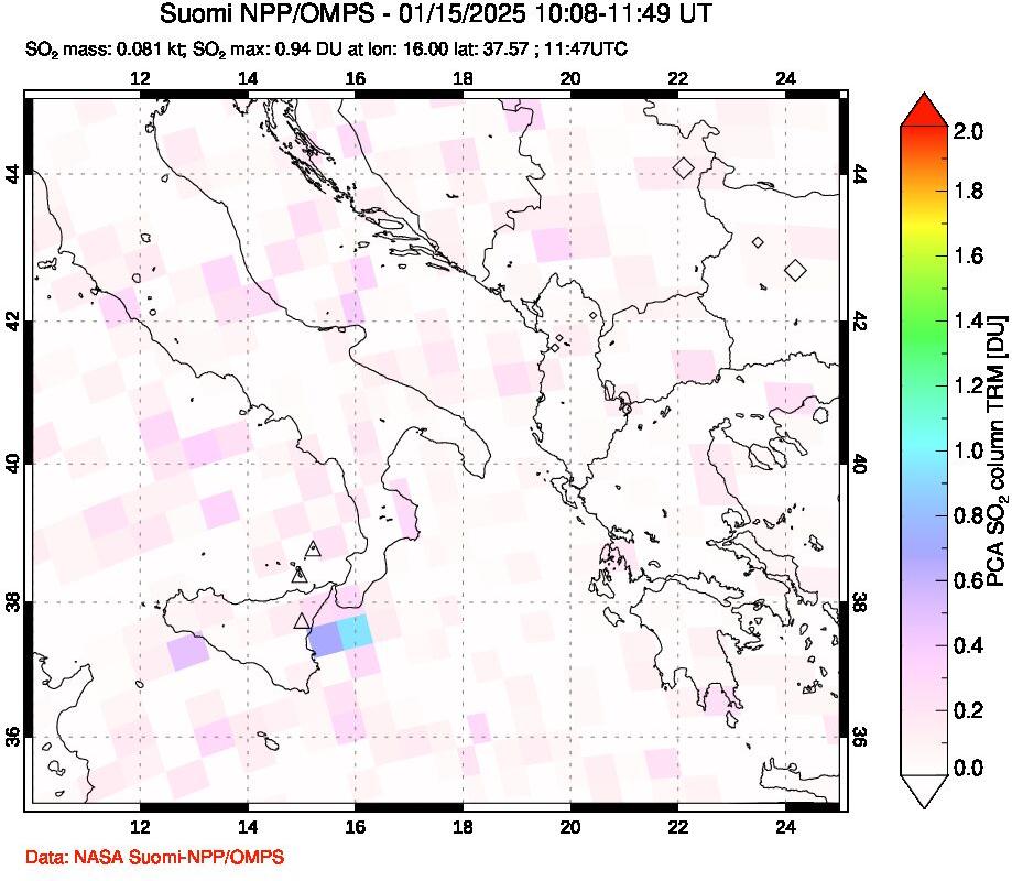 A sulfur dioxide image over Etna, Sicily, Italy on Jan 15, 2025.