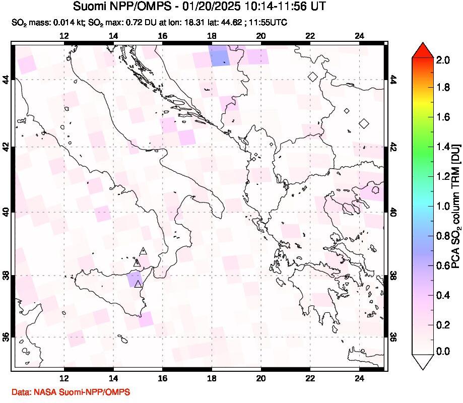 A sulfur dioxide image over Etna, Sicily, Italy on Jan 20, 2025.