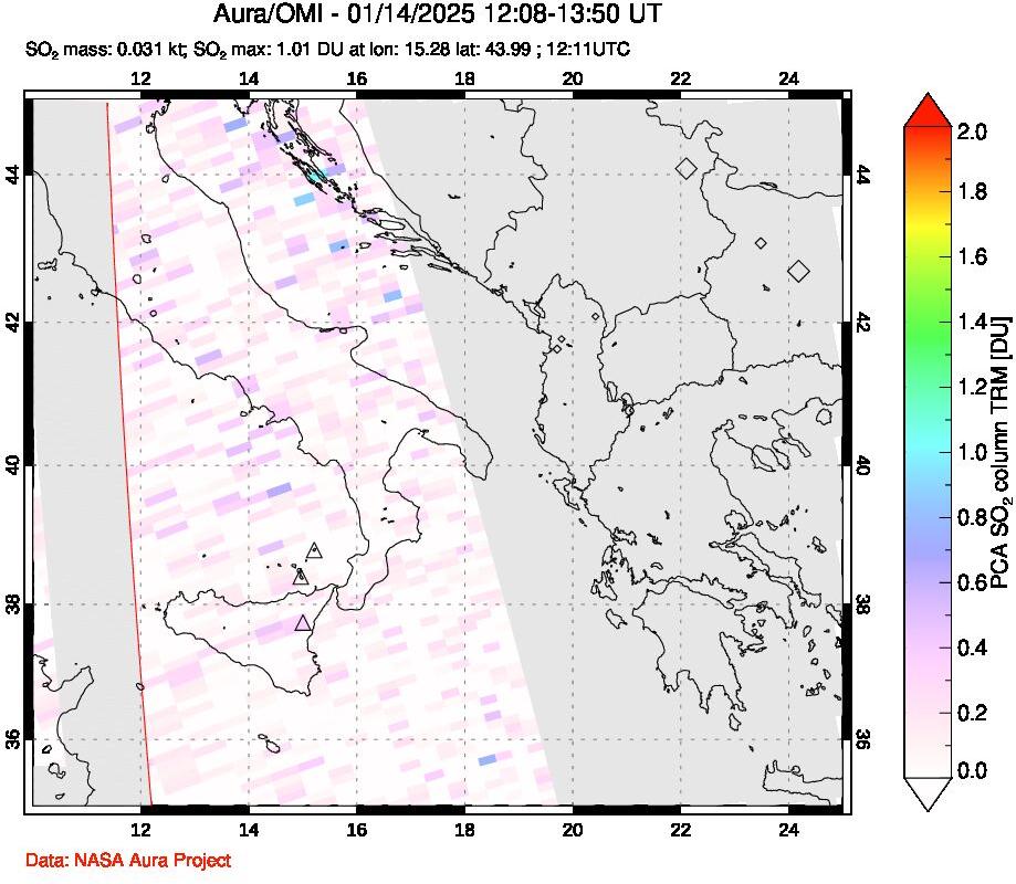 A sulfur dioxide image over Etna, Sicily, Italy on Jan 14, 2025.