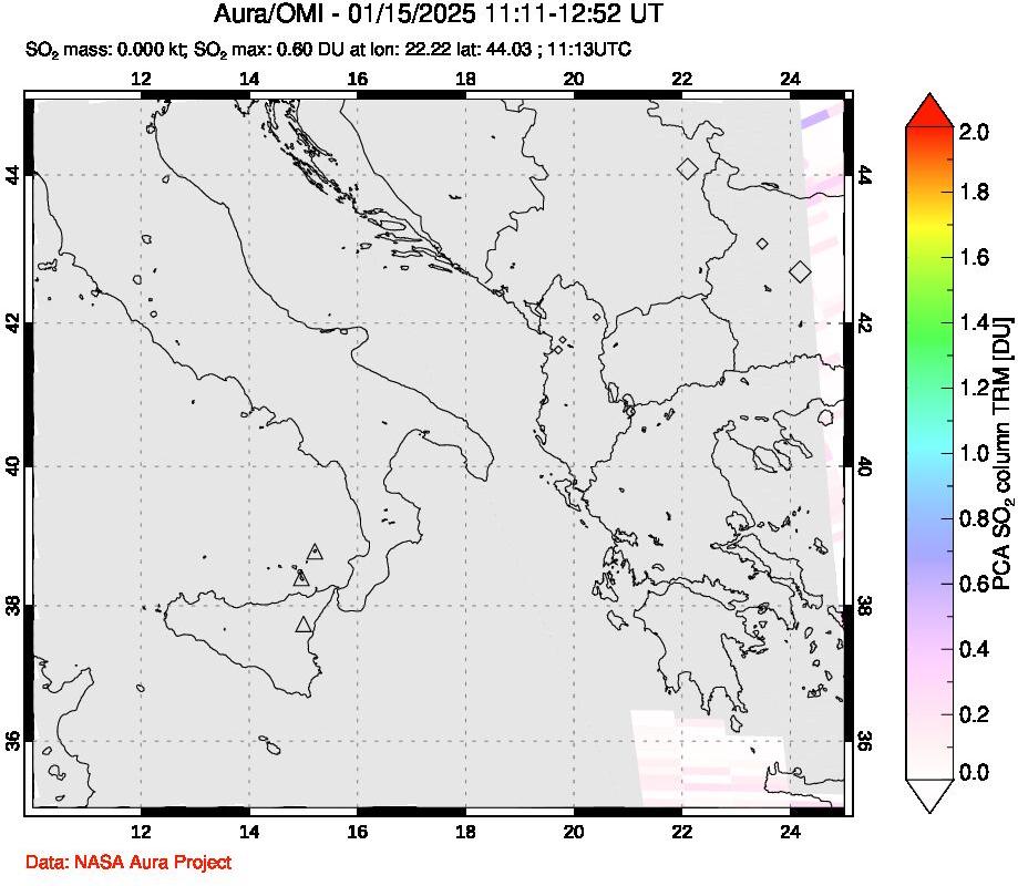 A sulfur dioxide image over Etna, Sicily, Italy on Jan 15, 2025.