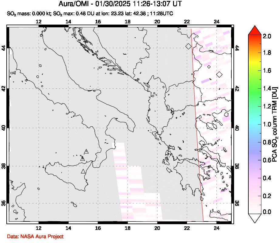 A sulfur dioxide image over Etna, Sicily, Italy on Jan 30, 2025.