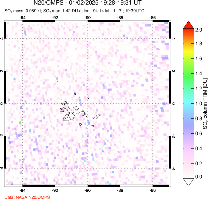 A sulfur dioxide image over Galápagos Islands on Jan 02, 2025.