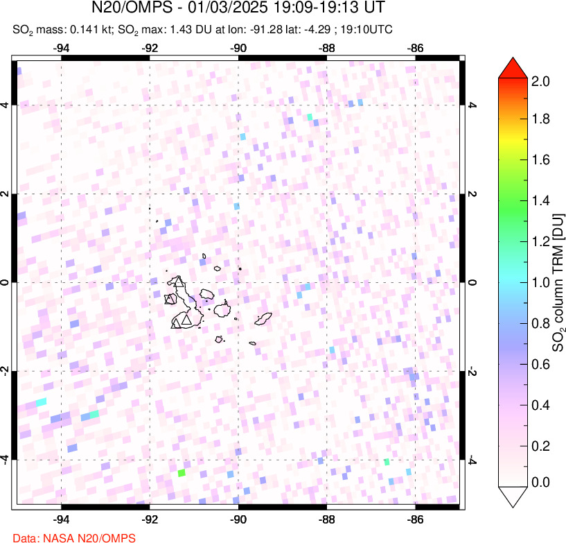 A sulfur dioxide image over Galápagos Islands on Jan 03, 2025.