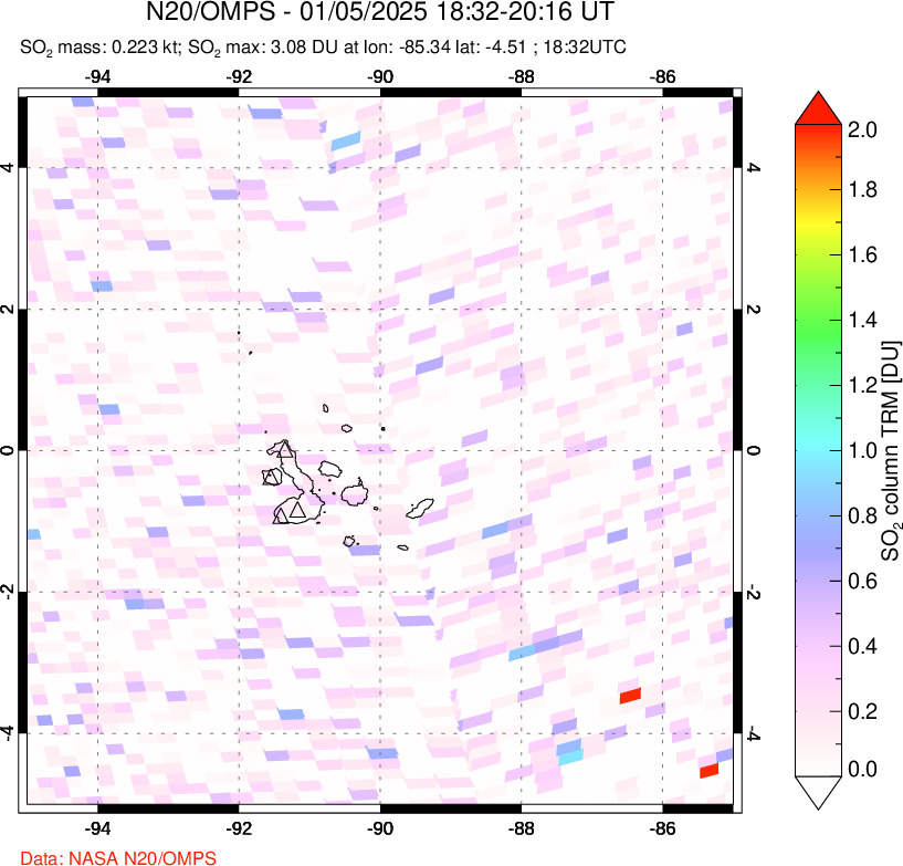 A sulfur dioxide image over Galápagos Islands on Jan 05, 2025.