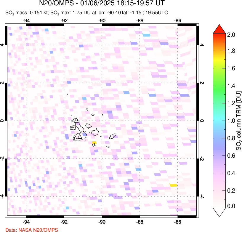 A sulfur dioxide image over Galápagos Islands on Jan 06, 2025.