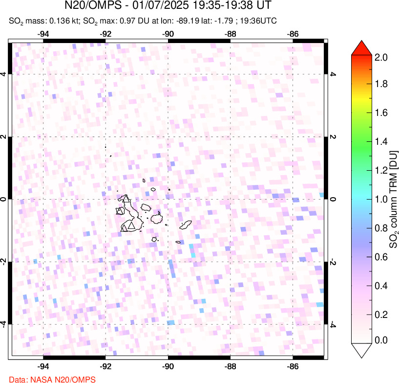 A sulfur dioxide image over Galápagos Islands on Jan 07, 2025.