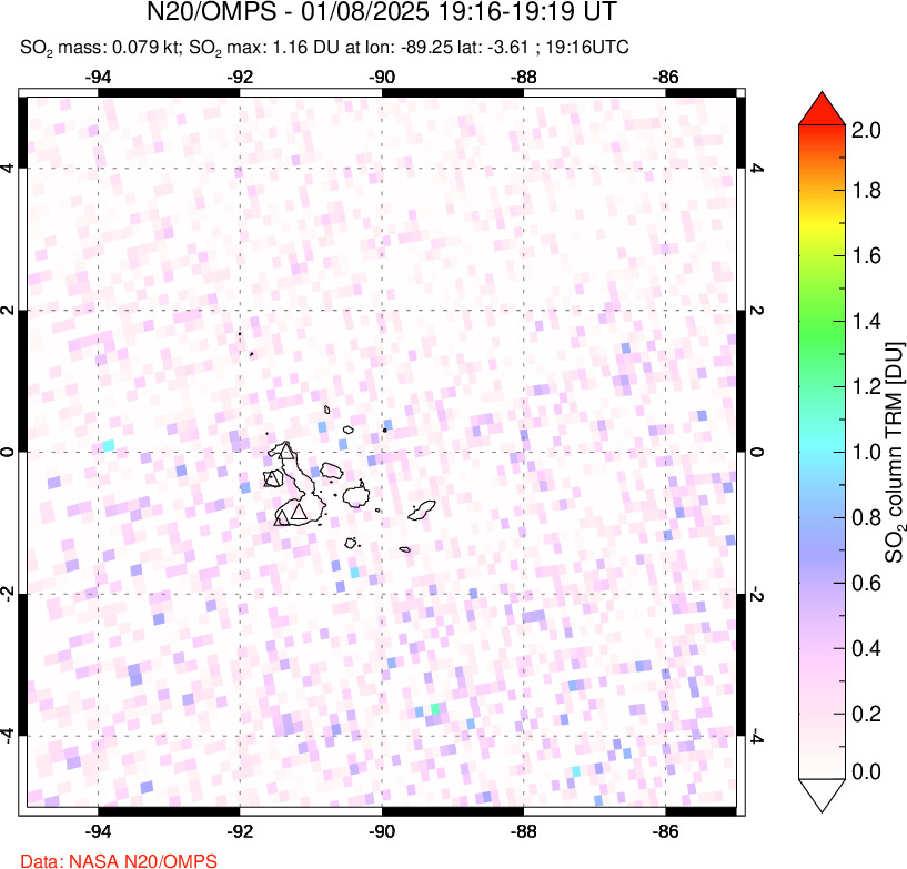 A sulfur dioxide image over Galápagos Islands on Jan 08, 2025.