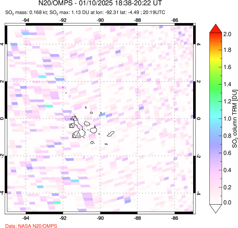 A sulfur dioxide image over Galápagos Islands on Jan 10, 2025.