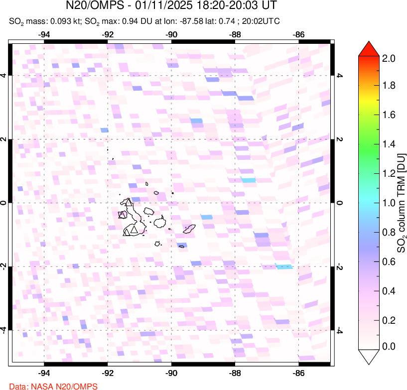 A sulfur dioxide image over Galápagos Islands on Jan 11, 2025.