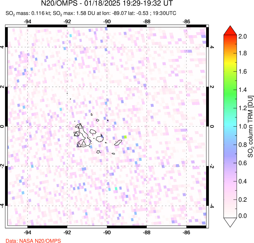 A sulfur dioxide image over Galápagos Islands on Jan 18, 2025.