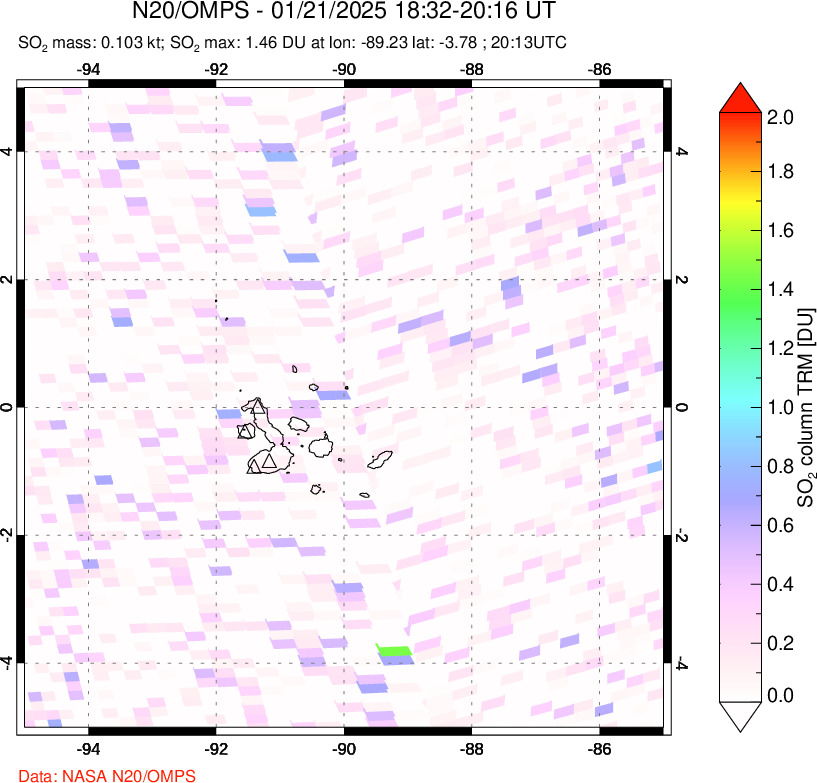 A sulfur dioxide image over Galápagos Islands on Jan 21, 2025.