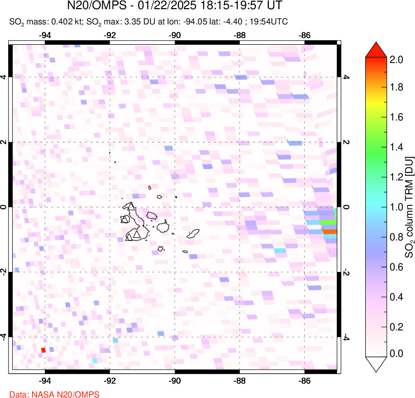 A sulfur dioxide image over Galápagos Islands on Jan 22, 2025.