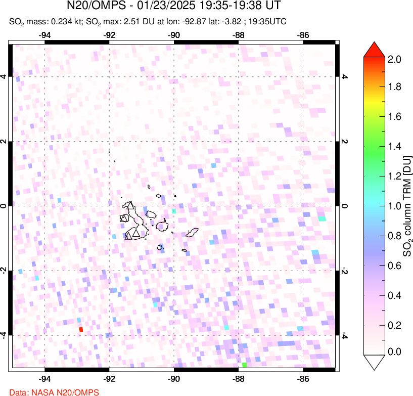 A sulfur dioxide image over Galápagos Islands on Jan 23, 2025.