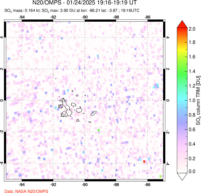 A sulfur dioxide image over Galápagos Islands on Jan 24, 2025.