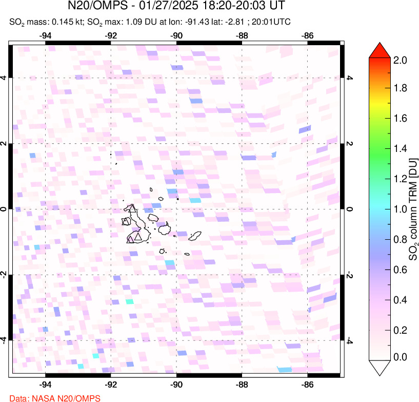 A sulfur dioxide image over Galápagos Islands on Jan 27, 2025.