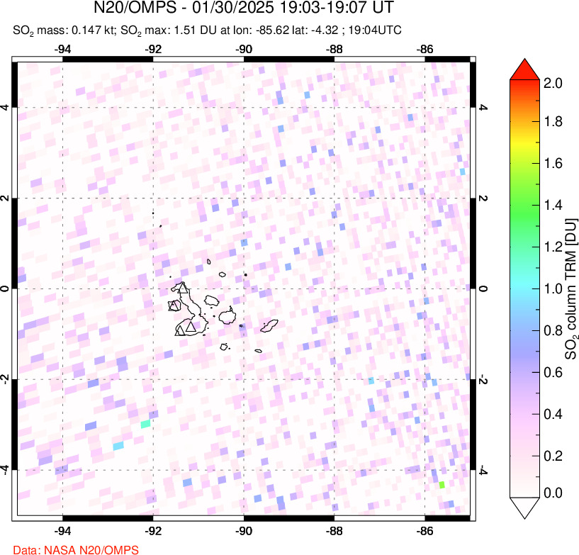 A sulfur dioxide image over Galápagos Islands on Jan 30, 2025.