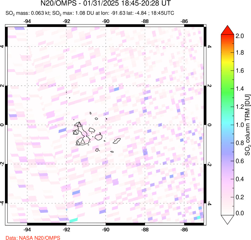 A sulfur dioxide image over Galápagos Islands on Jan 31, 2025.