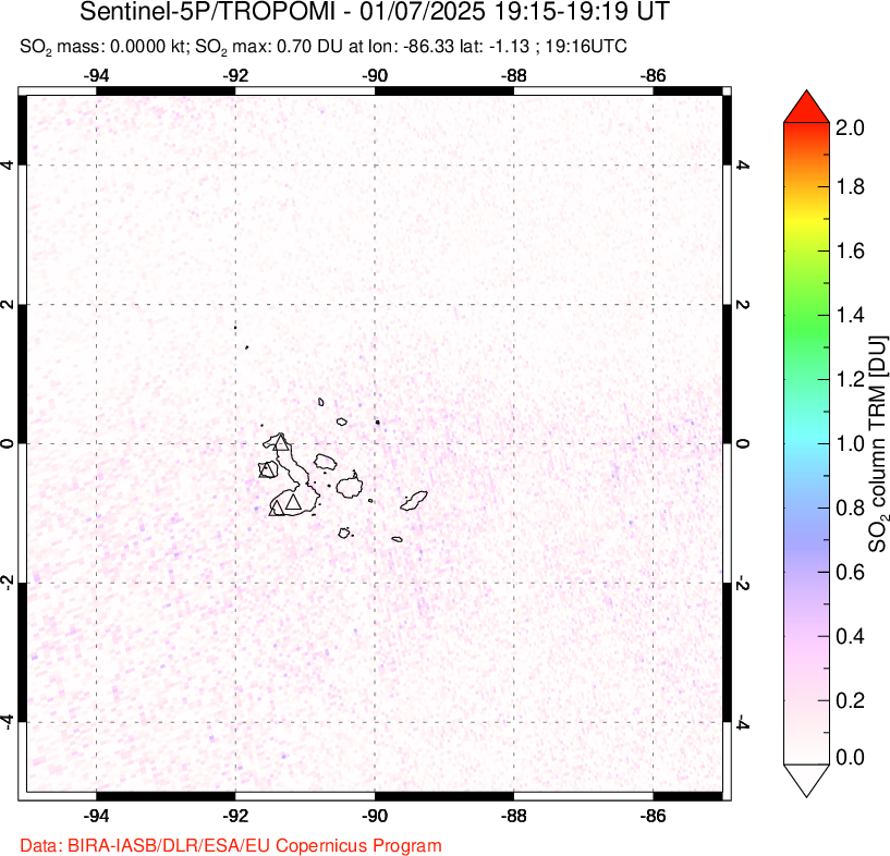 A sulfur dioxide image over Galápagos Islands on Jan 07, 2025.