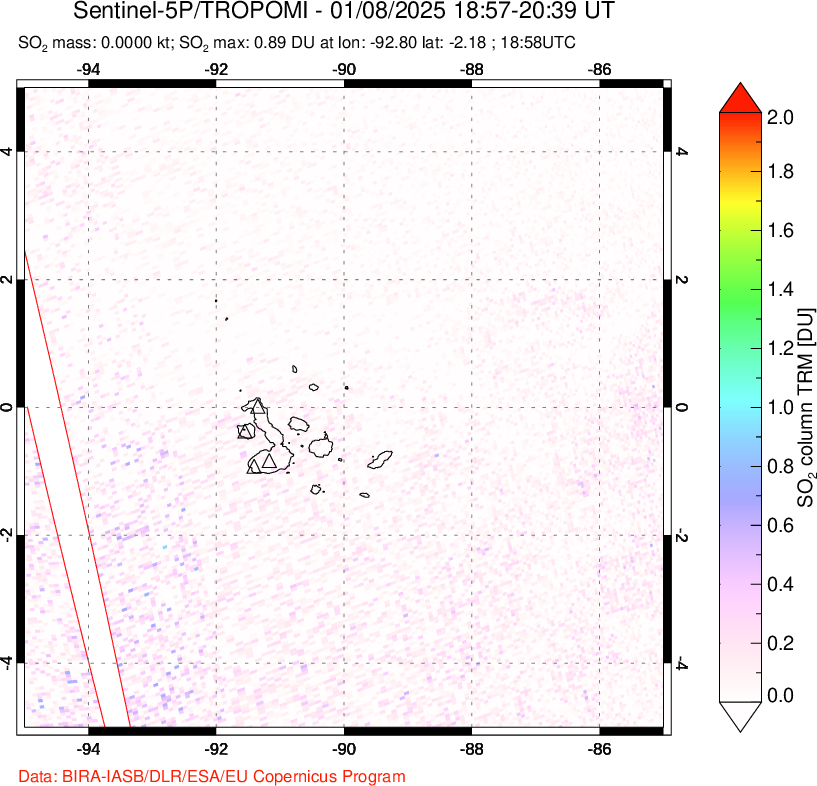 A sulfur dioxide image over Galápagos Islands on Jan 08, 2025.